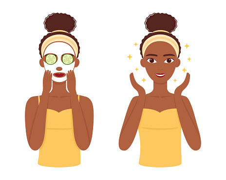 Young dark skinned  woman care her skin face. Facial treatment procedure. Vector illustration