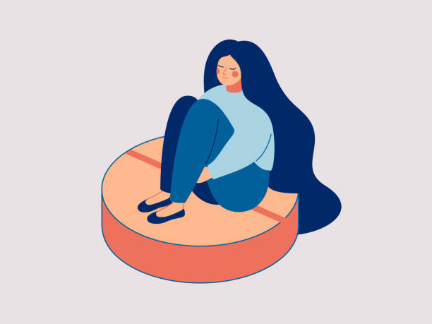 Young depressed woman is sitting on the large pill. Concept of antidepressants are saving girl from depression and about pills effect on females mood and health. Young depressed woman is sitting on the large pill. Concept of antidepressants are saving girl from depression and about pills effect on females mood and health. Flat cartoon vector illustration. birth control pill stock illustrations
