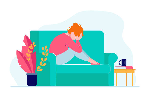 Young depressed woman sitting on sofa and holding head Young depressed woman sitting on sofa and holding head. Depression, health, problem flat vector illustration. Stress and emotion concept for banner, website design or landing web page headache cartoon stock illustrations