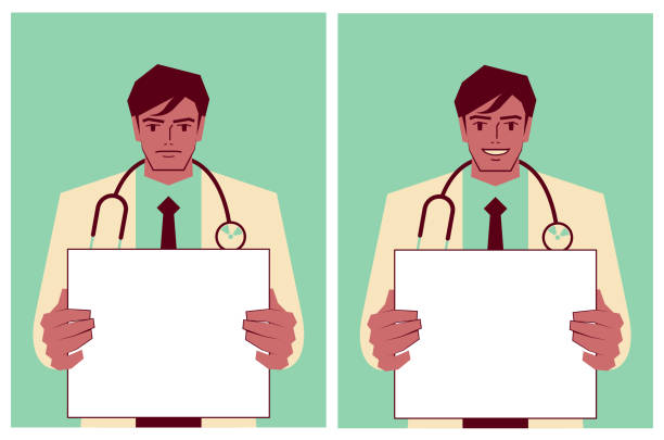 stockillustraties, clipart, cartoons en iconen met a young doctor wearing a stethoscope holds a blank sign, with facial expressions of smile and serious - arabic student