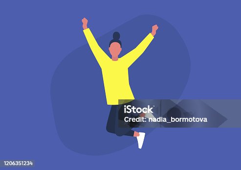 istock Young excited female character jumping and expressing positive emotions, having fun, good vibe 1206351234
