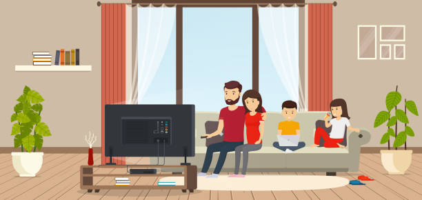 ilustrações de stock, clip art, desenhos animados e ícones de young family at home sitting on couch, watching tv, child working on laptop, daughter eating ice cream. modern interior room with panoramic windows. - family modern house window