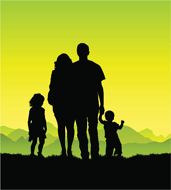 Young family in the countryside A young family together in the country. Full silhouettes including feet. family outdoors stock illustrations