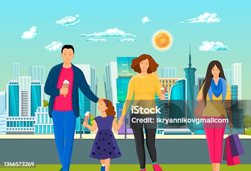 istock Young family with kid walking, woman with shopping bags 1366573269