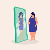 Sad Young Chubby Woman In Tight Dress Standing In Front Of The Mirror. Full Length, Isolated On Plain Color Background. Vector, Illustration, Flat Design, Character.
