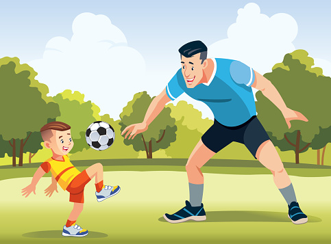 Young father with his little son playing football on football pitch at the day time. Concept of friendly family. Happy father s day. Vector illustration.