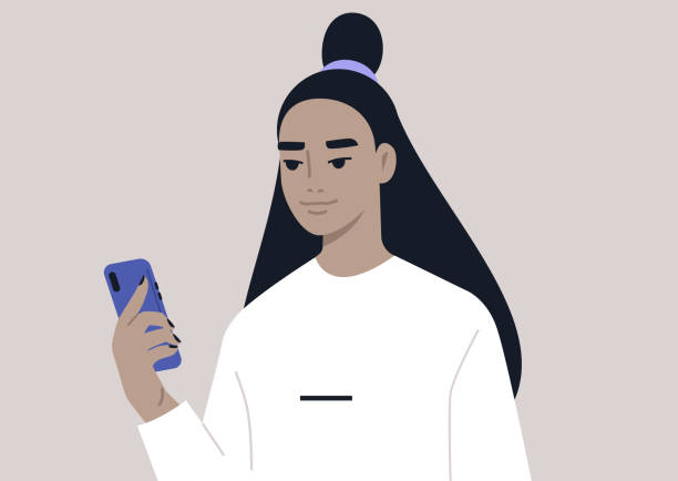 A young female Asian character using a mobile phone, millennial daily life A young female Asian character using a mobile phone, millennial daily life selfie clipart stock illustrations