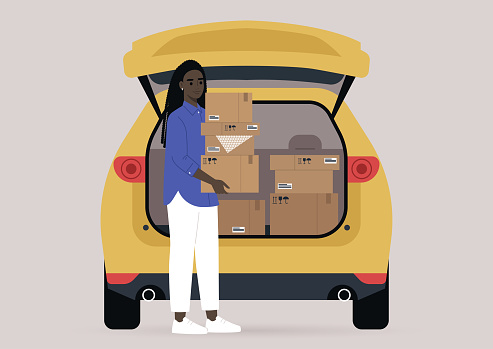 Young female Black character carrying cardboard boxes with personal belongings packed in them, a moving out scene