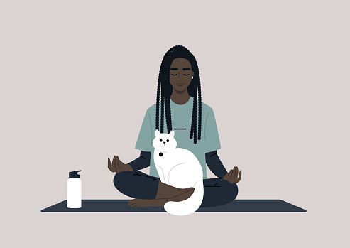 A young female Black character meditating with a cat on their lap, dealing with stress, yoga workout at home