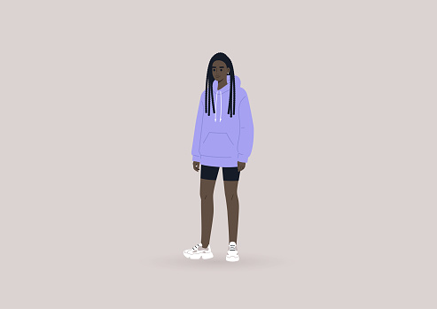 A young female Black character wearing a hoodie and black cycling shorts, a street wear concept