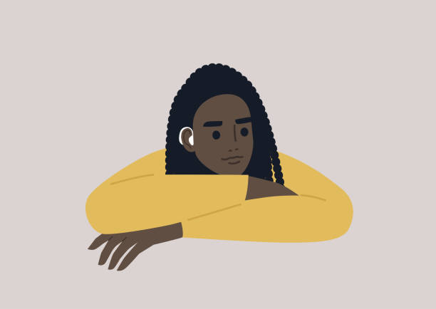ilustraciones, imágenes clip art, dibujos animados e iconos de stock de un joven personaje negro femenino que lleva un dispositivo auditivo amplificador, estilo de vida moderno y atención médica - hearing aid