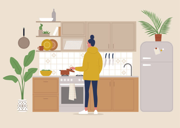 ilustrações de stock, clip art, desenhos animados e ícones de a young female character cooking meal in the boho style cozy kitchen, millennial lifestyle - kitchen