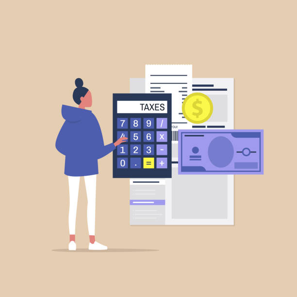 Young female character filing a tax return, Declaring an income Young female character filing a tax return, Declaring an income debt stock illustrations