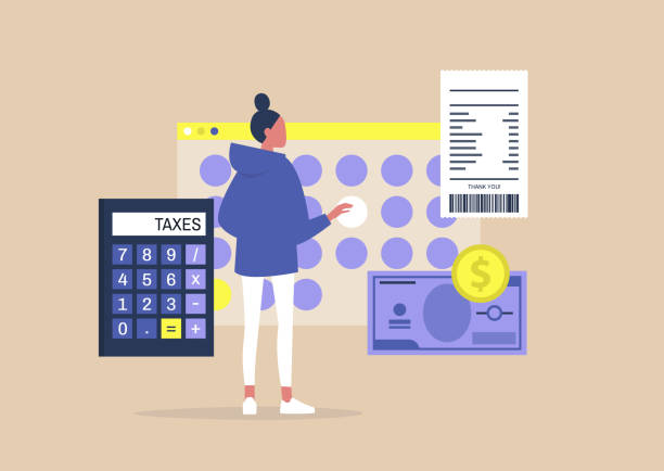 stockillustraties, clipart, cartoons en iconen met jong vrouwelijk karakter dat een belastingaangifte indient, die een inkomen verklaart - taxes, betalen
