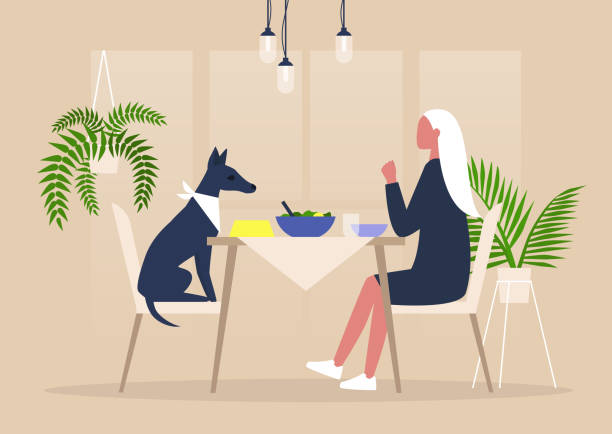 bildbanksillustrationer, clip art samt tecknat material och ikoner med ung kvinnlig karaktär med middag med sin hund vid bordet, bortskämda djur, millennials är galen över hundar - dining room