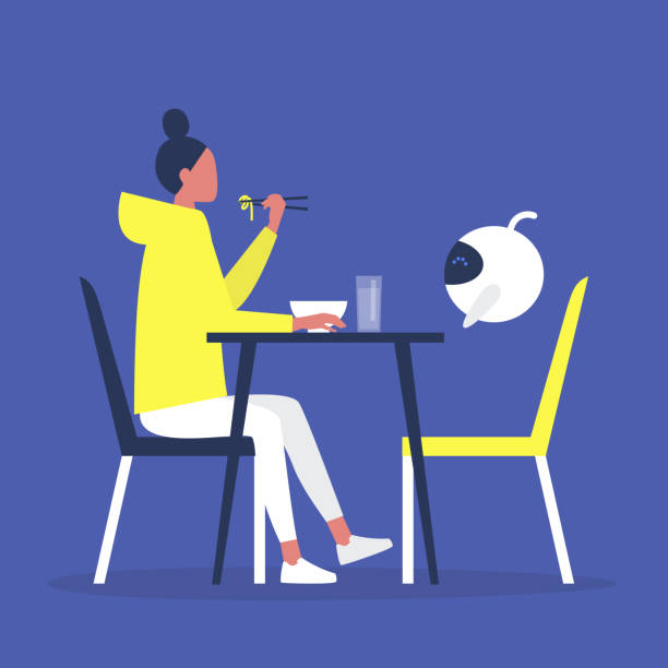 Young female character having lunch with a robot, artificial intelligence, futuristic technologies Young female character having lunch with a robot, artificial intelligence, futuristic technologies pasta silhouettes stock illustrations