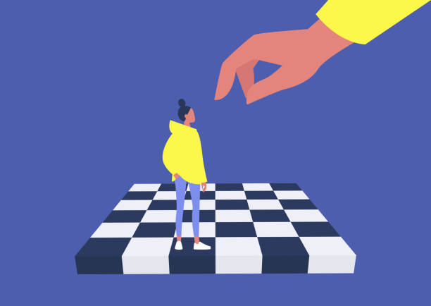 Young female character on a chess board, manipulation and domination, pawn, business strategy, obedience Young female character on a chess board, manipulation and domination, pawn, business strategy, obedience chess silhouettes stock illustrations