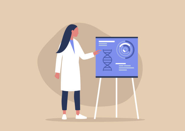 młoda postać kobieca wskazująca na flip chart, startup biotechnologiczny, nowe technologie - presentation stock illustrations