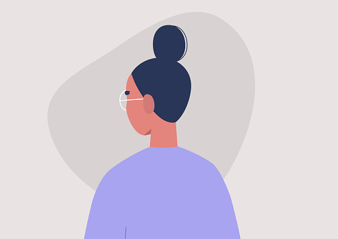 Young female character portrait, 3/4 back view, millennial lifestyle, flat vector graphics
