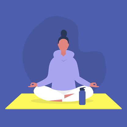 Young female character sitting in a lotus position, relaxation and meditation, yoga studio