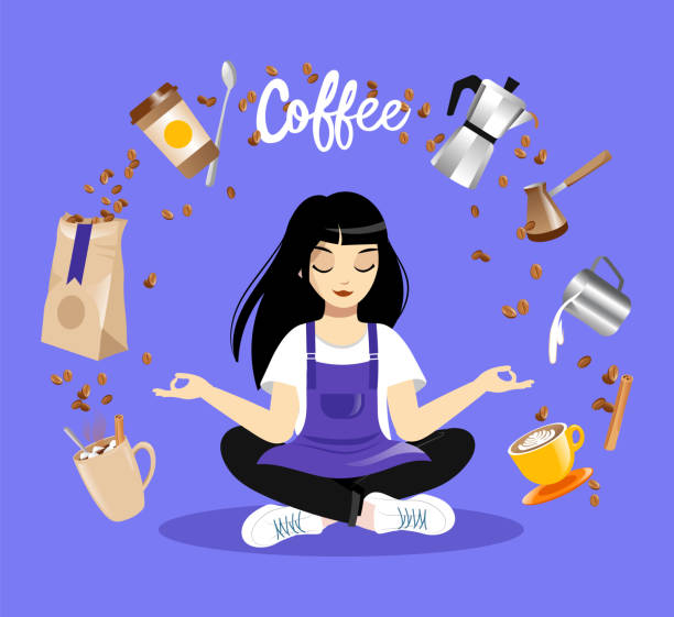 Young Female Character Sitting In Lotus Pose, Coffee Items Levitate Around. Girl Barista Wearing Apron Meditating On Blue Background. Coffee Lover Concept Vector Illustration In Colorful Flat Style Young Female Character Sitting In Lotus Pose, Coffee Items Levitate Around. Girl Barista Wearing Apron Meditating On Blue Background. Coffee Lover Concept Vector Illustration In Colorful Flat Style. hot arabic girl stock illustrations