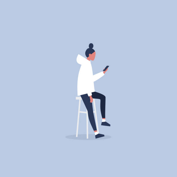 Young female character sitting on the bar stool and holding a smartphone. Millennial lifestyle. Social media. Flat editable vector illustration, clip art Young female character sitting on the bar stool and holding a smartphone. Millennial lifestyle. Social media. Flat editable vector illustration, clip art woman using phone stock illustrations