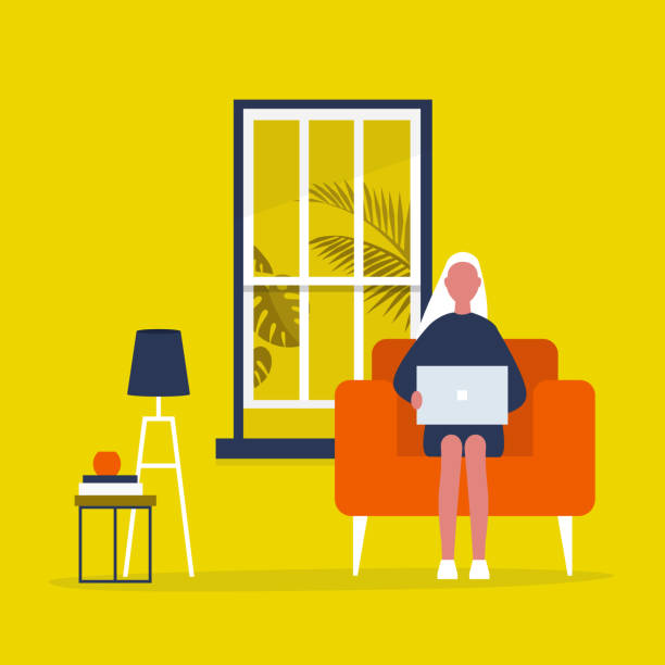 年輕的女性角色坐在客廳裡, 拿著筆記本電腦。現代辦公室內飾。千禧一代在工作。平面可編輯的向量插圖, 剪貼畫 - living room 幅插畫檔、美工圖案、卡通及圖標