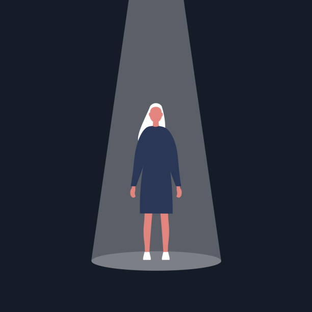 Young female character standing in the spotlight. Glory. Fame. Being on stage / flat editable vector illustration Young female character standing in the spotlight. Glory. Fame. Being on stage / flat editable vector illustration performance clipart stock illustrations