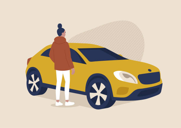 Young female character standing next to a SUV, transportation, car sharing Young female character standing next to a SUV, transportation, car sharing sports utility vehicle stock illustrations