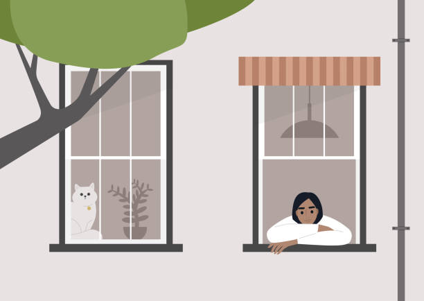 Young female character staying at home an looking out of the window, a lockdown scene Young female character staying at home an looking out of the window, a lockdown scene window silhouettes stock illustrations