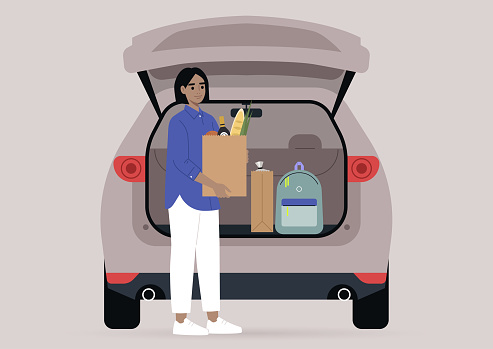 A young female character taking grocery bags from their car trunk, a daily routine scene
