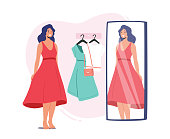 istock Young Female Character Trying on Clothes in Dressing Room at Store, Woman in New Dress Stand in Cabin with Mirror 1316118648
