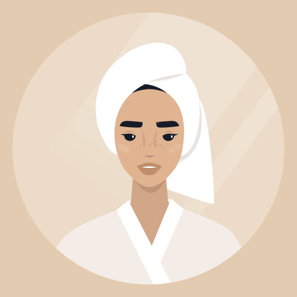 bildbanksillustrationer, clip art samt tecknat material och ikoner med ung kvinnlig karaktär bär en handduk insvept vid sidan av huvudet, daglig kroppsvård rutin - rengöring ansikte