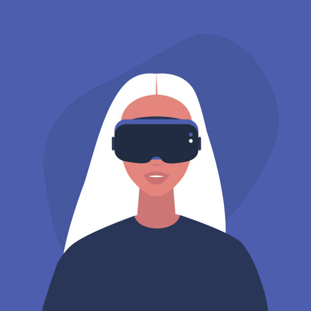 ilustrações de stock, clip art, desenhos animados e ícones de young female character wearing a virtual reality headset, millennial gadgets and lifestyle - vr glasses