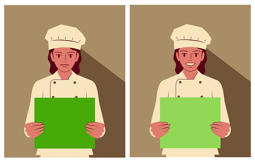 A young female chef holds a blank sign with two different emotions