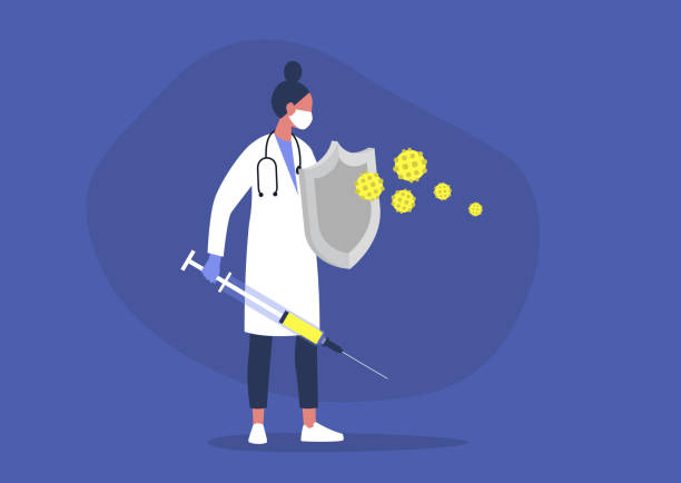 Young female doctor fighting the virus with a sword and shield, healthcare, the immune system, vaccination Young female doctor fighting the virus with a sword and shield, healthcare, the immune system, vaccination viral infection stock illustrations
