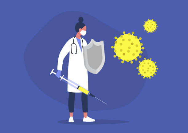 칼과 방패, 건강 관리, 면역 체계, 예방 접종으로 바이러스와 싸우는 젊은 여성 의사 - covid vaccine stock illustrations