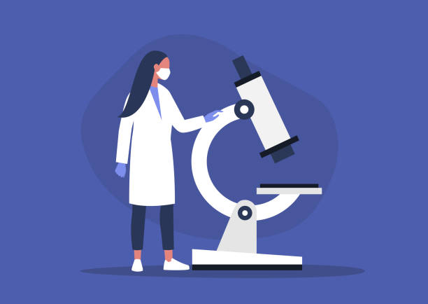 Young female scientist looking through the microscope, lab research,  coronavirus pandemic Young female scientist looking through the microscope, lab research,  coronavirus pandemic dna silhouettes stock illustrations