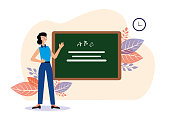 The tall young female teacher is dressed in formal clothes, wearing blue pants and a blue shirt. She stands with her hands pointing at the board. The classroom board is green, there are alphabet letters on the board. Elementary school, school teacher vector illustration. Background has flower pattern and white color vector.