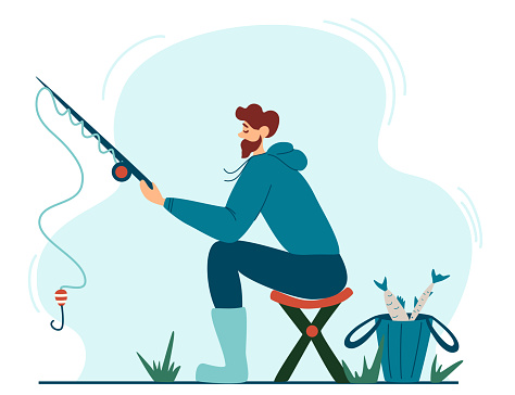Young fisherman fishing. Young man sitting on a stool enjoying leisure time in nature. Banner, site, poster template. Fishing, men's outdoor recreation. Vector illustration in cartoon style.