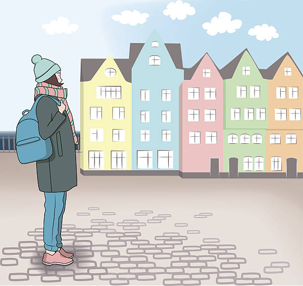 stockillustraties, clipart, cartoons en iconen met young girl backpacking in a middle of a town square - nederland rijtjeshuis
