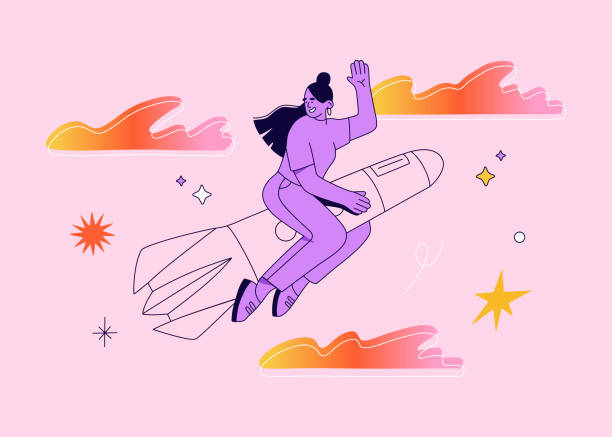 Young girl flying on the rocket in sky. Businesswoman aim for a goal vector art illustration