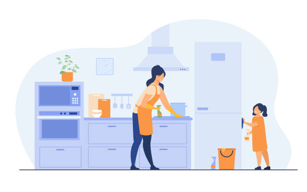 Young girl helping her mom to clean kitchen Young girl helping her mom to clean kitchen, dusting furniture, wiping fridge. Vector illustration for family home activities, housework chores, household concept. kitchen stock illustrations