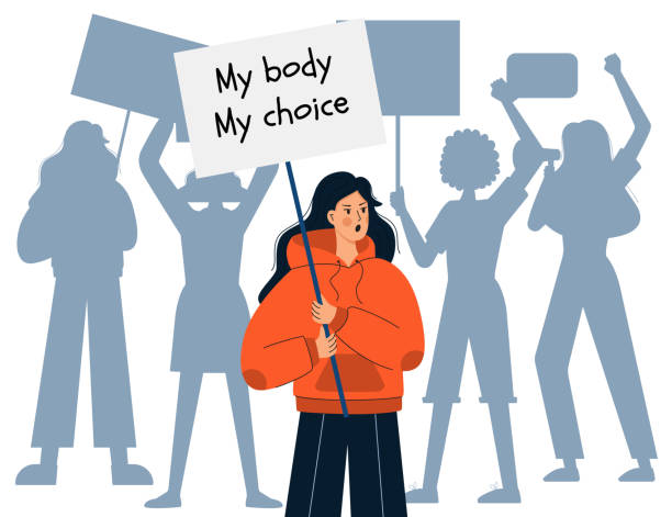 까마귀에있는 어린 소녀는 내 몸이 내가 선택한 단어가있는 표지판을 들고 있습니다. 시위자들의 실루엣. 낙태 권리 운동가. 낙태 금지에 항의하십시오. 여성의 권리를 위한 투쟁. 벡터 - abortion protest stock illustrations