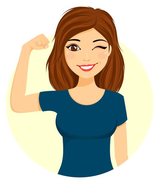 Young girl posing in a strong pose showing bicep. Girl emotions. Young girl posing in a strong pose showing bicep. Flat style. Cartoon. winking stock illustrations
