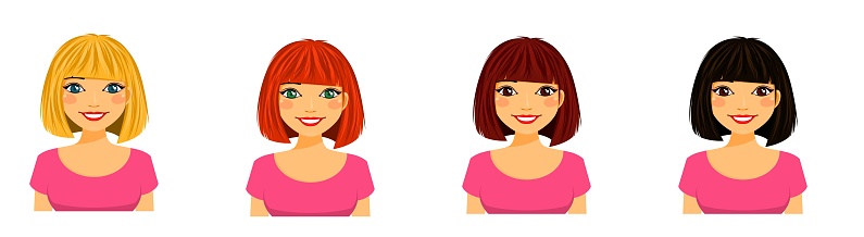 Young girl, set. Portraits of a smiling girl with different hair color. Flat style on white background. Cartoon