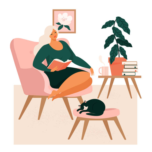 Young girl sitting in comfortable armchair and drinking tea or coffee in room furnished in Scandinavian style. Woman spending evening time at home. Colored vector illustration in flat cartoon style. Young girl sitting in comfortable armchair and drinking tea or coffee in room furnished in Scandinavian style. Woman spending evening time at home. Colored vector illustration in flat cartoon style. swedish girl stock illustrations