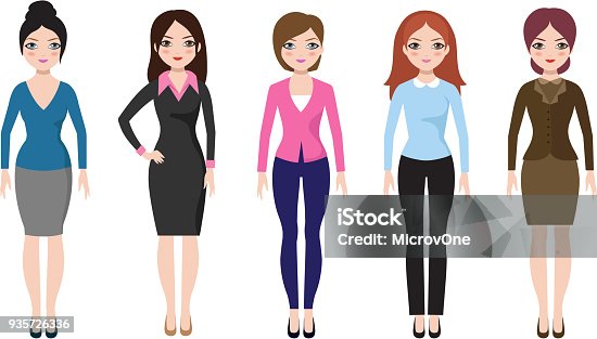 istock Young girl standing in different casual clothes isolated. Businesswoman in dress and pants vector set 935726336