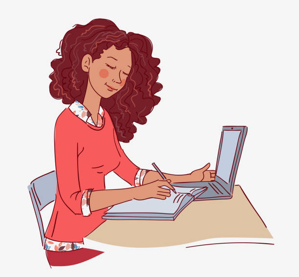 ilustrações de stock, clip art, desenhos animados e ícones de young girl using laptop and writing in notebook - jovem a escrever