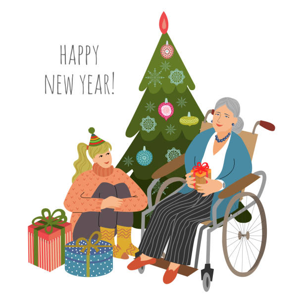 ilustrações de stock, clip art, desenhos animados e ícones de young girl volunteer gives an elderly woman a disabled christmas gift. - woman holding a christmas gift